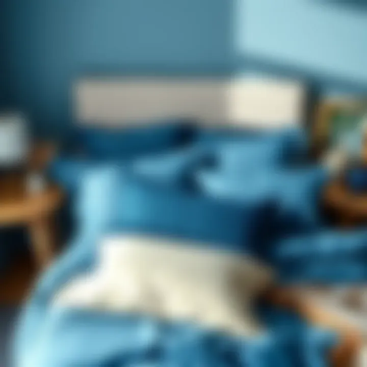 Creative arrangement of blue bedding with decorative pillows