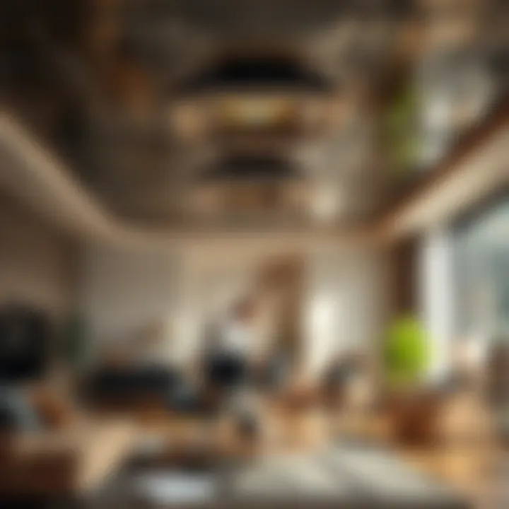 Installation of metal ceiling panels in a contemporary interior