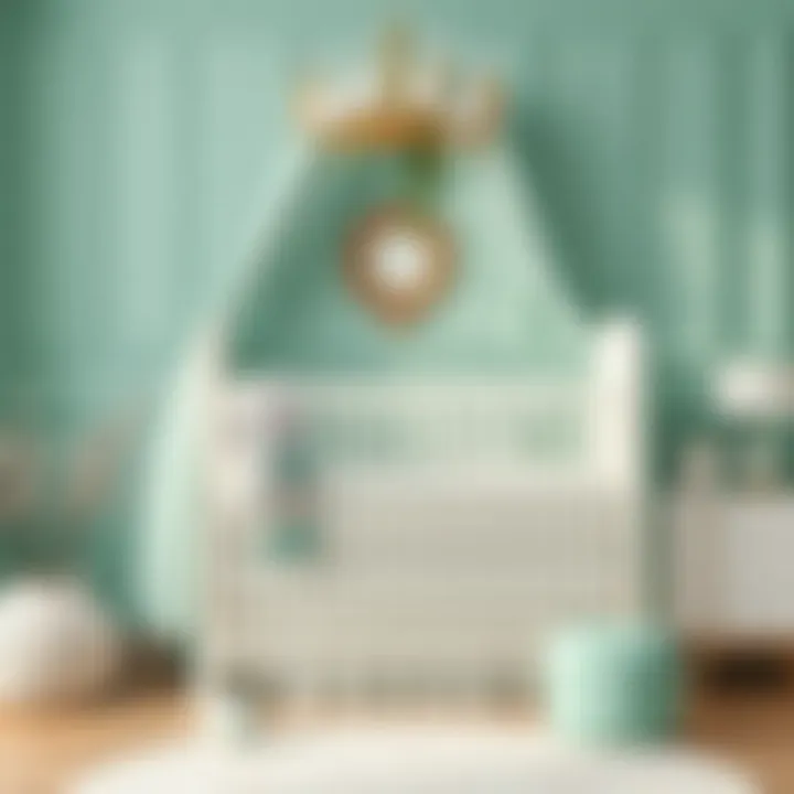 A beautifully arranged crib in a mint green themed nursery