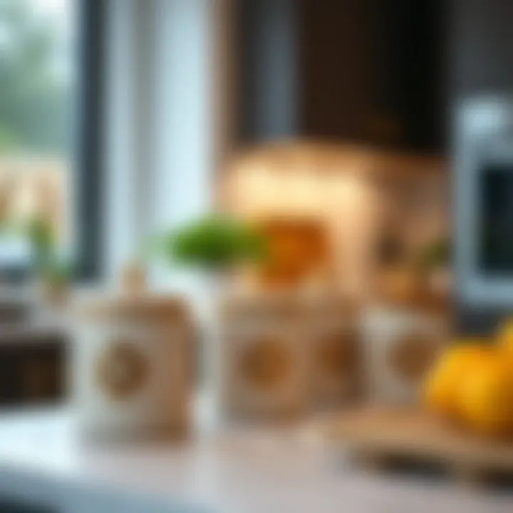 Elegant tea canisters in a modern kitchen setting