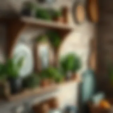 Rustic Display Shelf with Culinary Herbs Rustic kitchen display shelf featuring culinary herbs