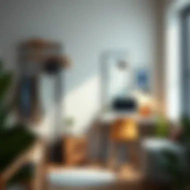 Organized office space with a coat rack