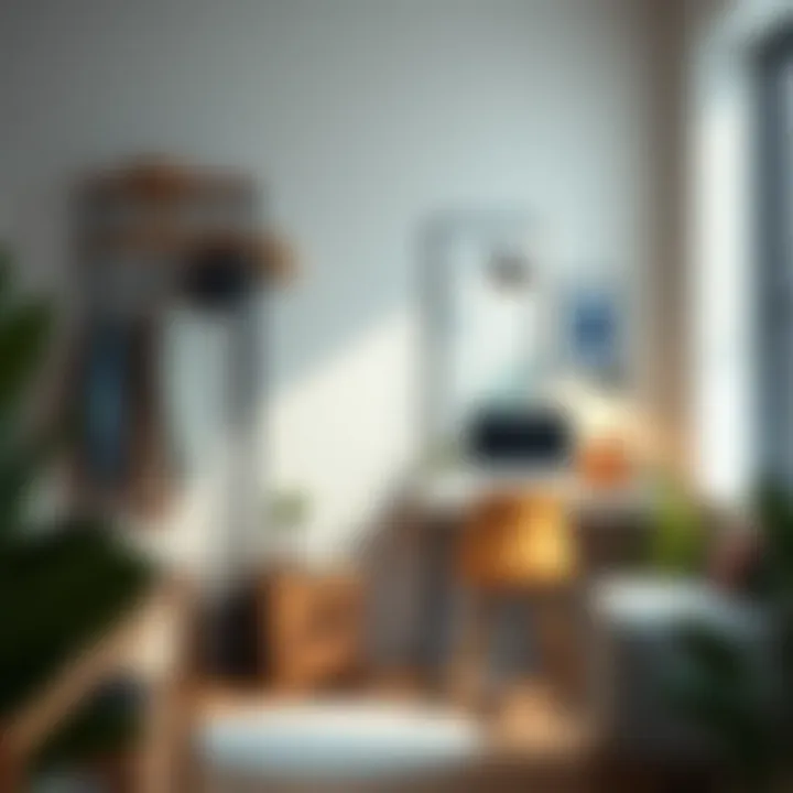 Organized office space with a coat rack