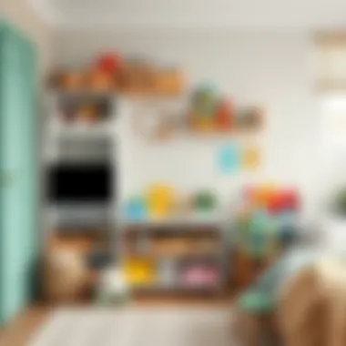 Organized children's room featuring a toy cabinet