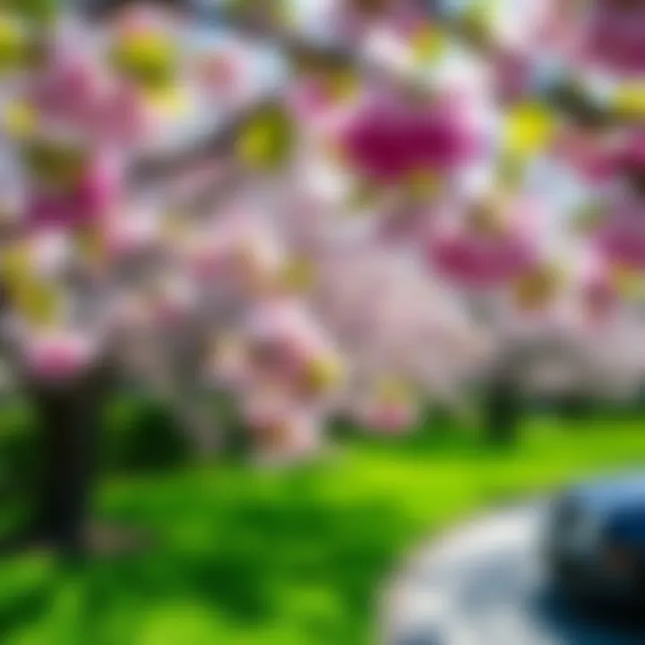 Nature's Canvas: Cherry Blossoms Outdoors An outdoor scene framed by blossoming cherry trees in spring