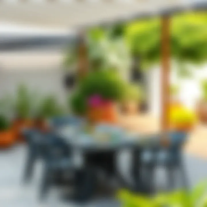 Beautifully Arranged Outdoor Dining Space A beautifully arranged outdoor dining space featuring plastic furniture