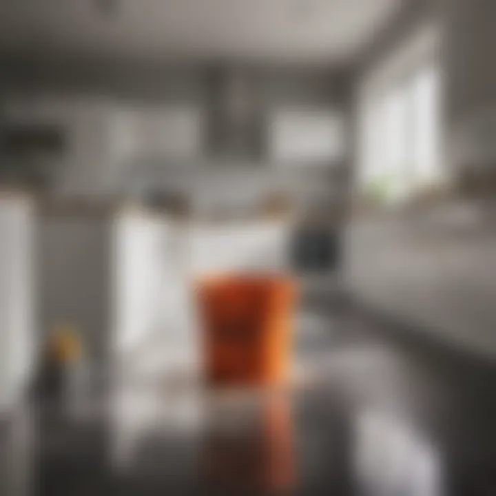 A plastic cleaning bucket being used in a modern kitchen environment