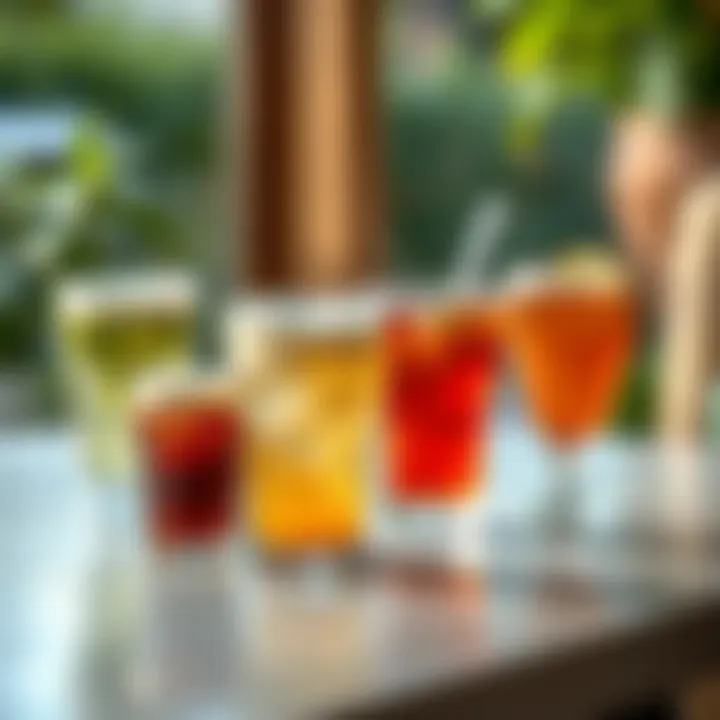 A group of plastic glass cups filled with refreshing beverages.
