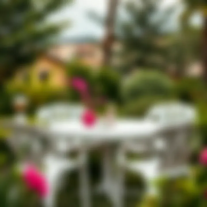 Stylish Outdoor Plastic Garden Table Set A stylish outdoor plastic garden table set surrounded by lush greenery