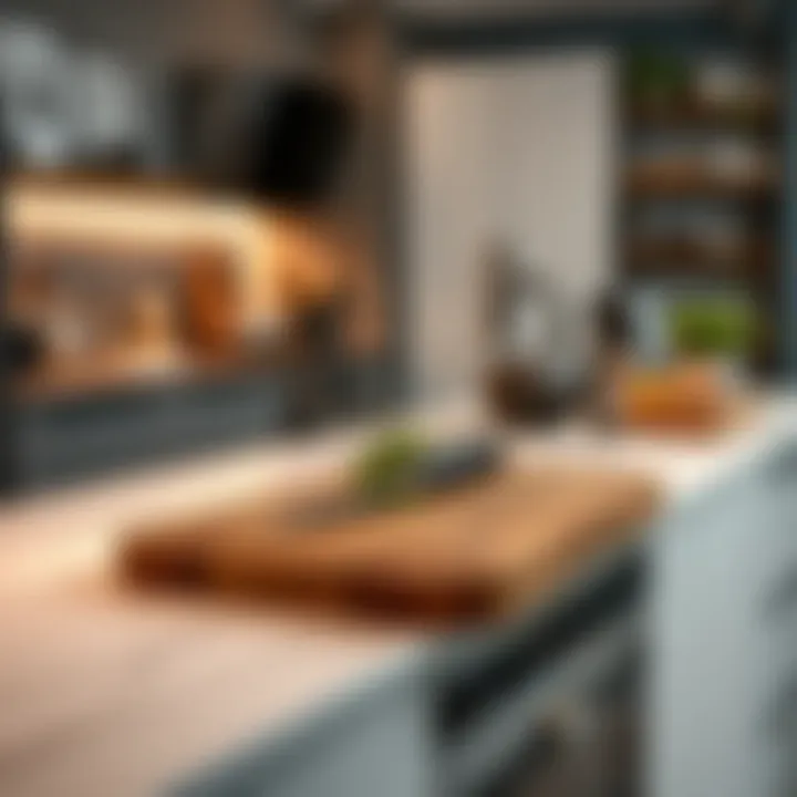 Aesthetic appeal of modern kitchen with cutting board in use