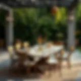 Rustic dining table set in a serene outdoor setting