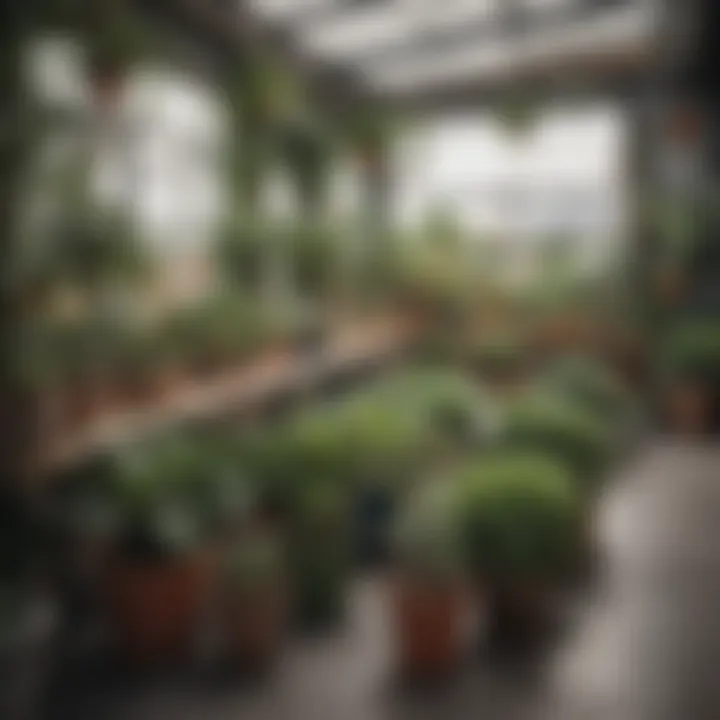 Price tags of various potted plants in a garden center
