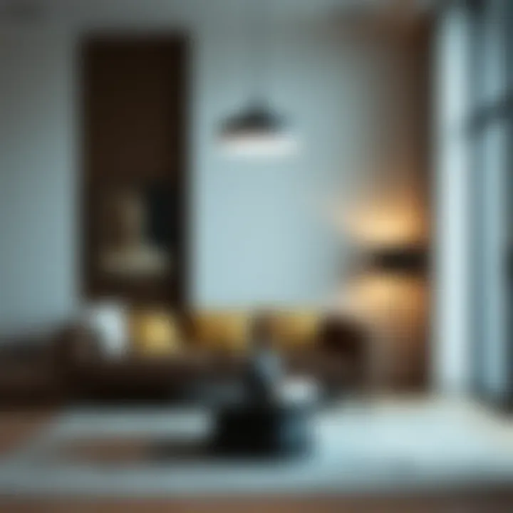 Minimalist pendant light design above a sleek coffee table