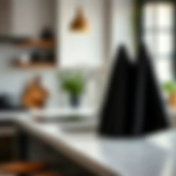 Stylish Kitchen with Black Towels Combination of black towels with white accents in a chic kitchen