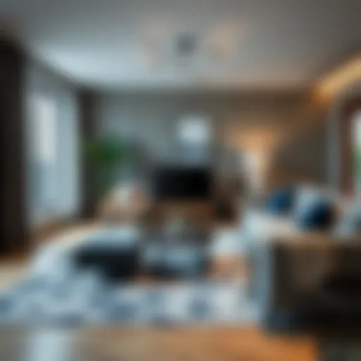 Sophisticated gray and navy living room rug showcasing modern design