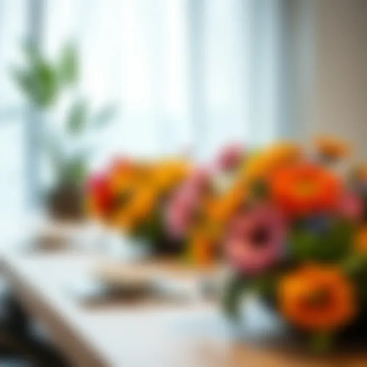 Vibrant Touches for Dining Experiences Close-up of vibrant artificial flowers on a dining table