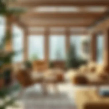 A spacious wooden winter garden with various design features.