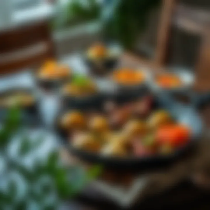 Various dishes cooked in a steel frying pan displayed on a dining table