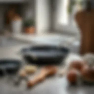 Maintenance tools for steel frying pan care laid out on a countertop