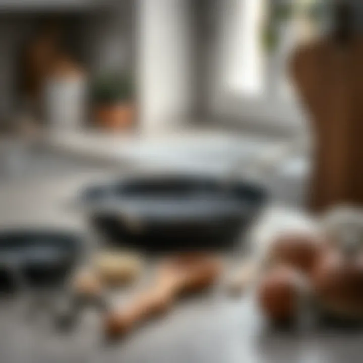 Maintenance tools for steel frying pan care laid out on a countertop