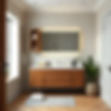 Stylish Bathroom with Wooden Cabinet Stylish bathroom featuring a wooden cabinet with decorative elements