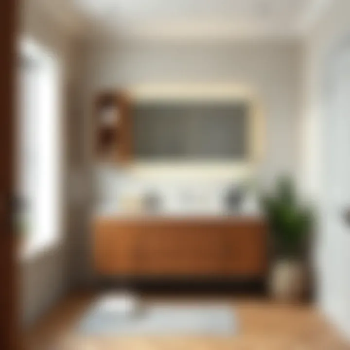 Stylish Bathroom with Wooden Cabinet Stylish bathroom featuring a wooden cabinet with decorative elements