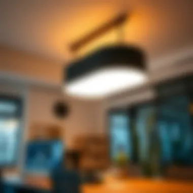 Stylish LED Ceiling Fixture in a Workspace Stylish LED ceiling fixture enhancing ambiance in a workspace