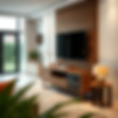 Stylish living room featuring a walnut TV unit paired with minimalist decor elements.