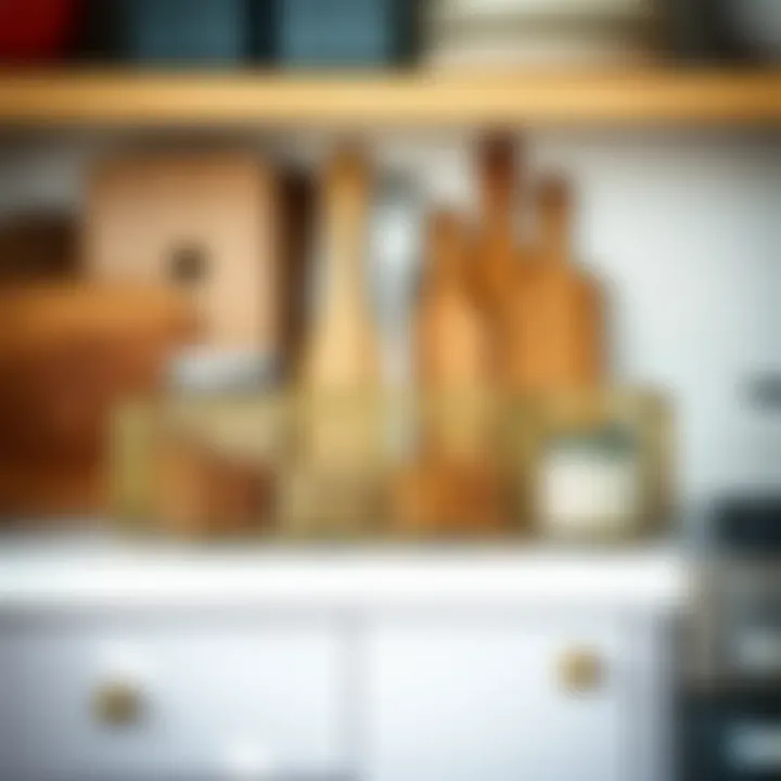 Stylish metal spice holders arranged on a kitchen shelf