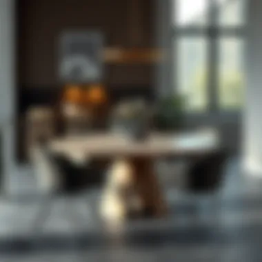 Stylish round kitchen table surrounded by designer chairs