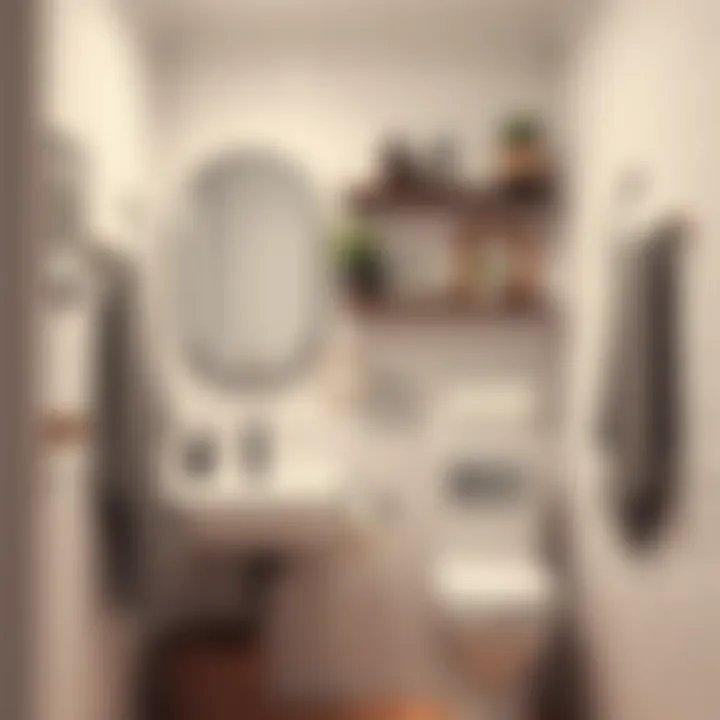 Chic and Creative Small Bathroom Chic small bathroom with creative shelving and decorative elements.