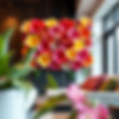 Vibrant artificial flower wall decor in a modern interior setting