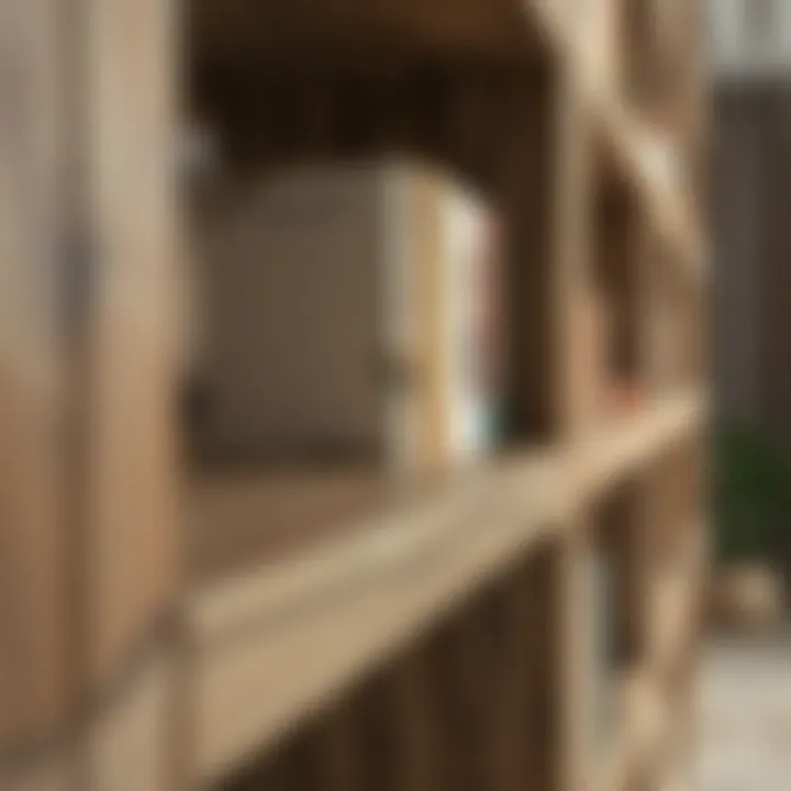 Detail view of wood patterned adhesive foil on a bookshelf