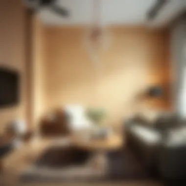 Interior showcasing wooden wallpaper with contemporary furniture