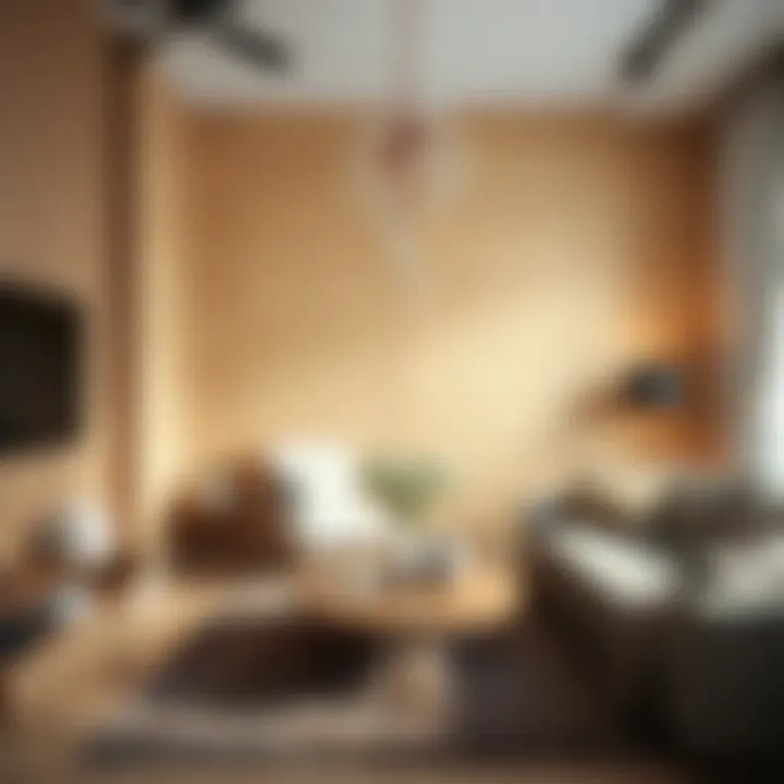 Interior showcasing wooden wallpaper with contemporary furniture