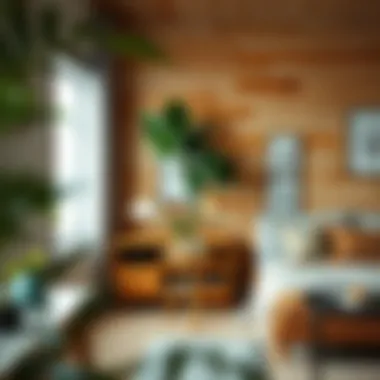 Lively space featuring wooden wallpaper and natural decor elements