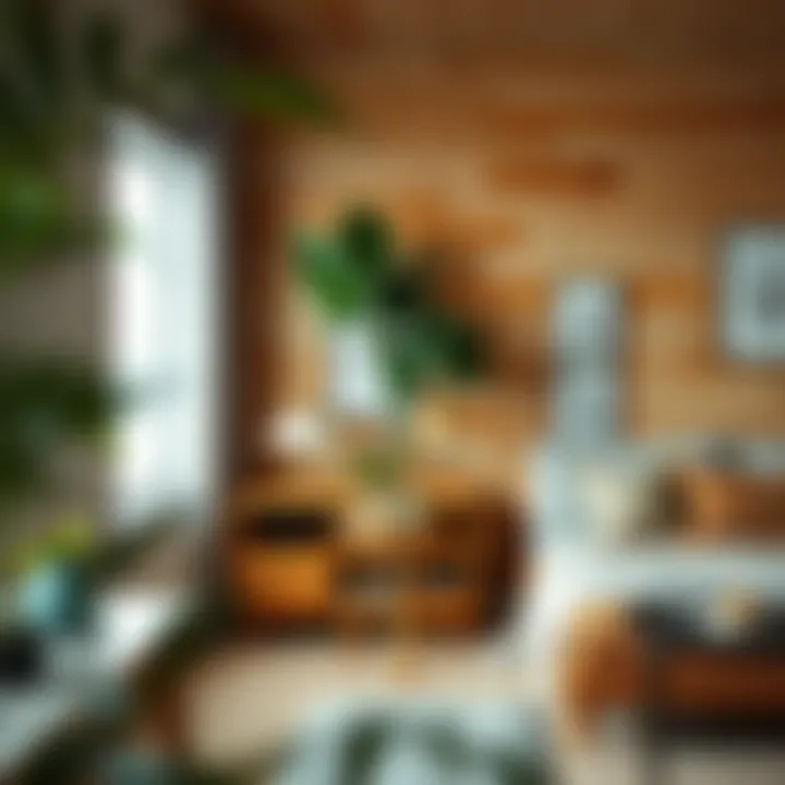 Lively space featuring wooden wallpaper and natural decor elements