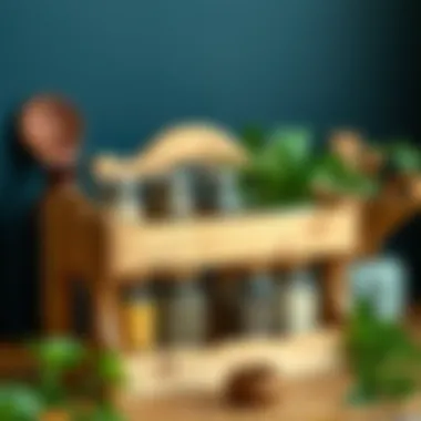 Wooden spice rack with assorted jars and herbs