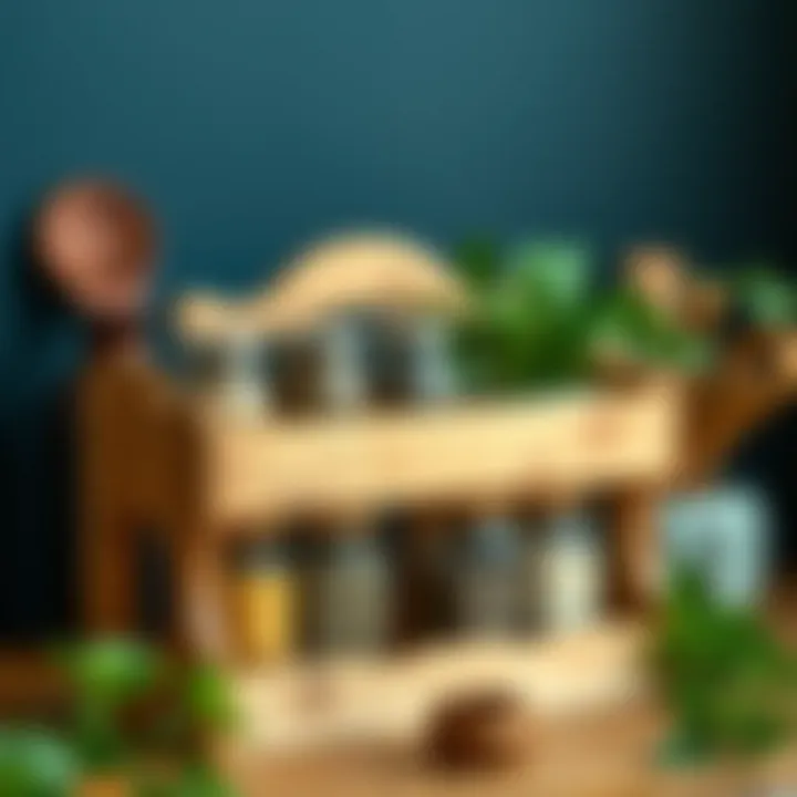 Wooden spice rack with assorted jars and herbs