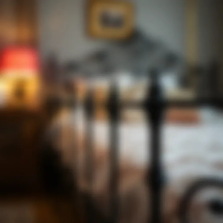 Close-up of the intricate details on a wrought iron bed frame