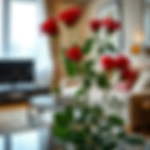 Elegant artificial red rose bouquet in a modern living room setting