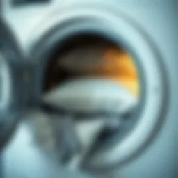 A washing machine with pillows inside, showcasing the washing process.
