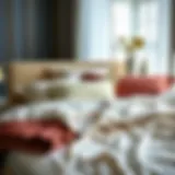 A beautifully arranged bed with a selection of luxurious sheets in various colors and patterns.