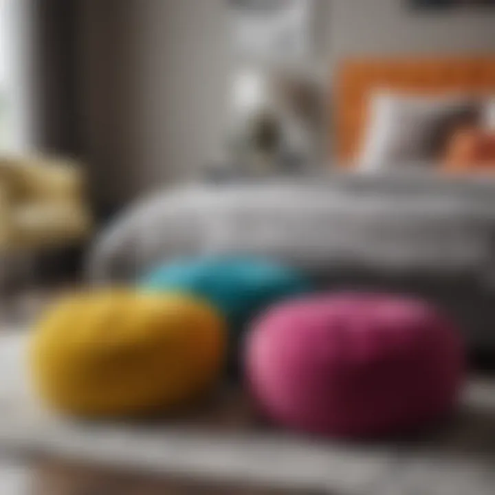 Colorful poufs enhancing bedroom decor